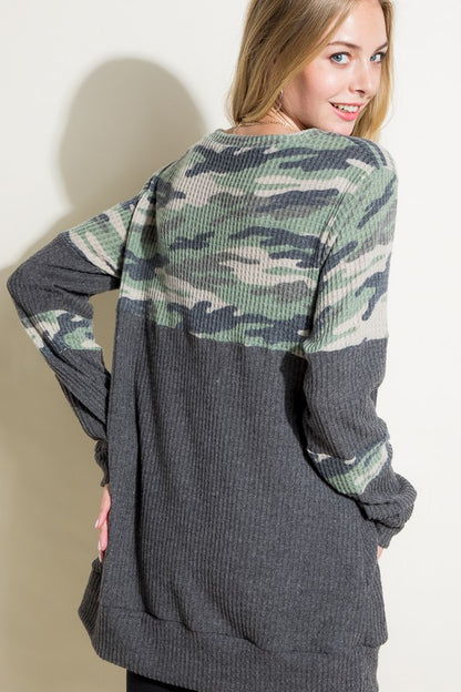 Camouflage Waffle Knit Pocket Tunic Top