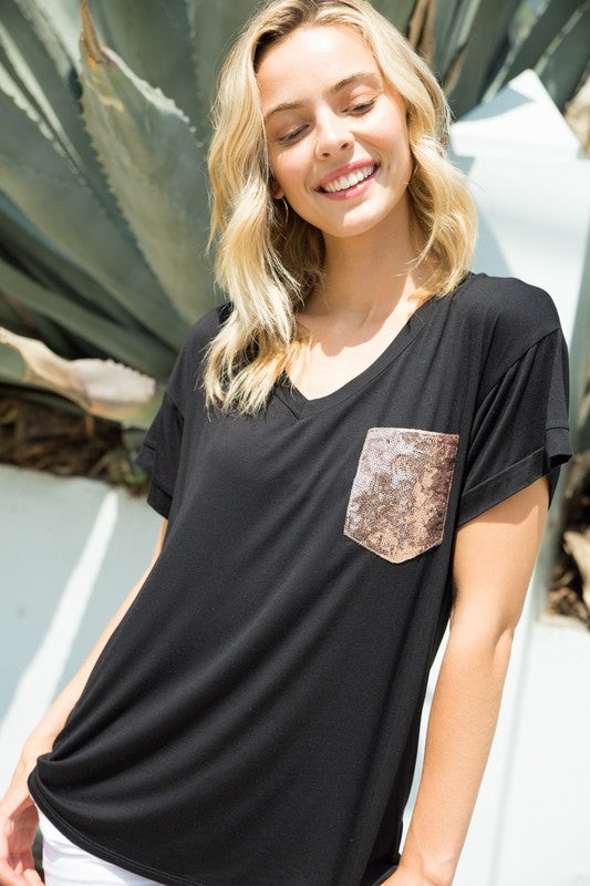 Solid Sequin Pocket Boxy Tee
