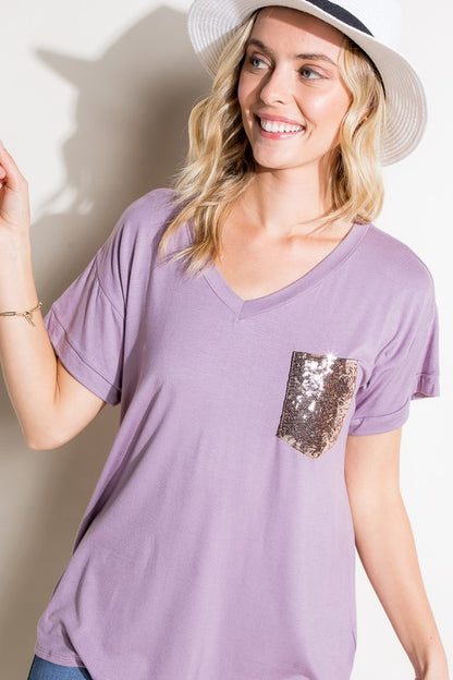 Solid Sequin Pocket Boxy Tee