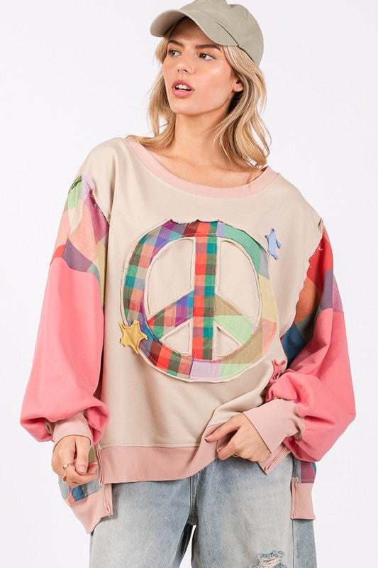 Coral Multicolor Contrast Peace Patch Dropped Shoulder Sweatshirt