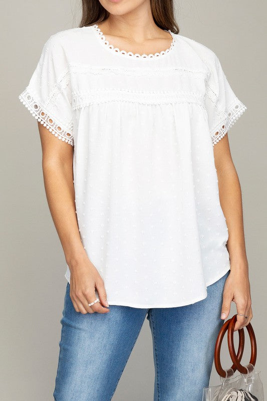 White Swiss Dot Lace Trim Blouse