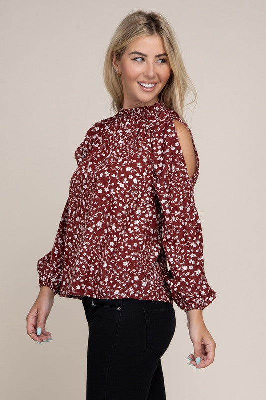 Burgundy Ditsy Floral Split Sleeve Blouse