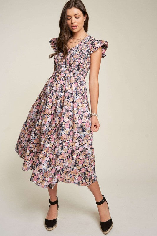 Vintage Garden Floral Flutter Sleeve Smocked Midi Dress