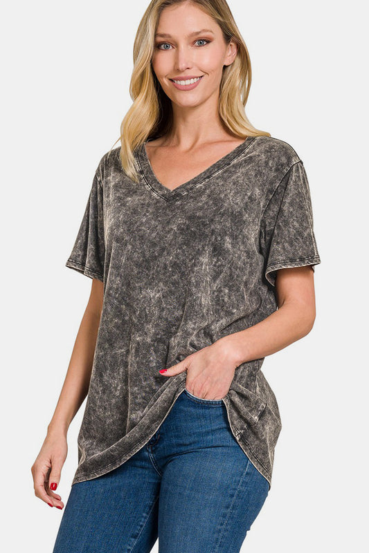 Washed Short Sleeve V-Neck Top