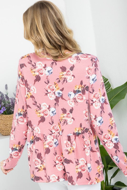 Plus Floral Button V Neck Long Sleeve Babydoll Top