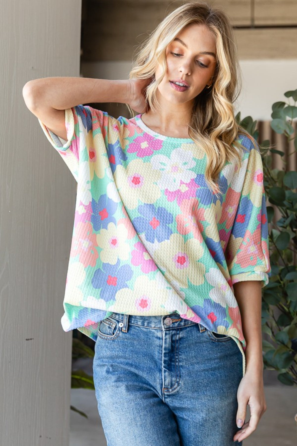 Mint/Yellow Floral Waffle Oversized T-Shirt