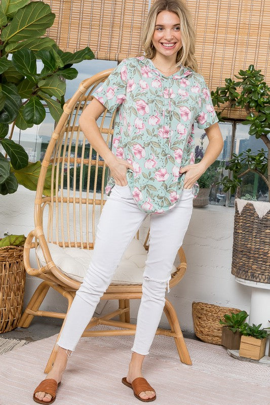 Floral Short Sleeve Hooded Sweatshirt Top