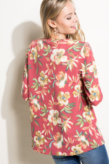 Plus Floral Sequin Pocket Long Sleeve Top