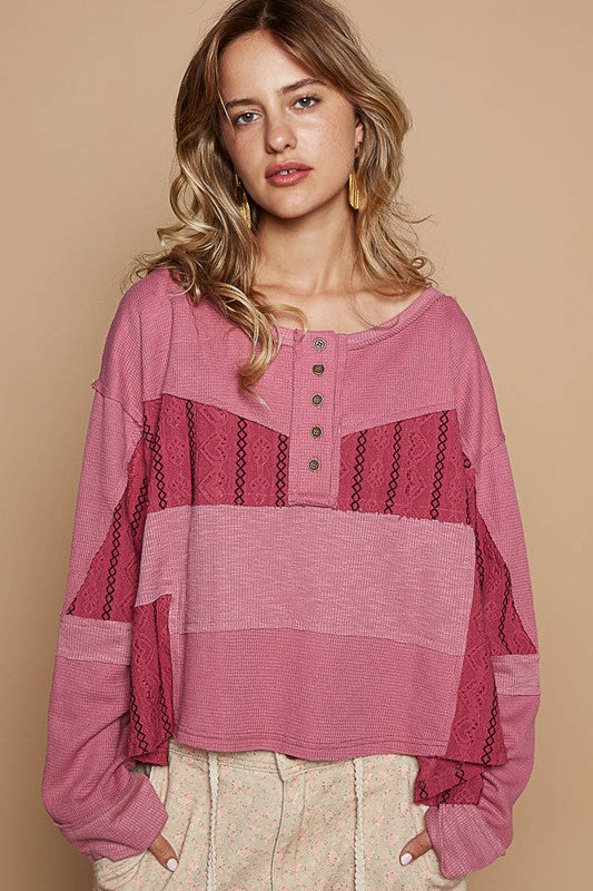 Heart Shaped Eyelet Color Block Henley Knit Top