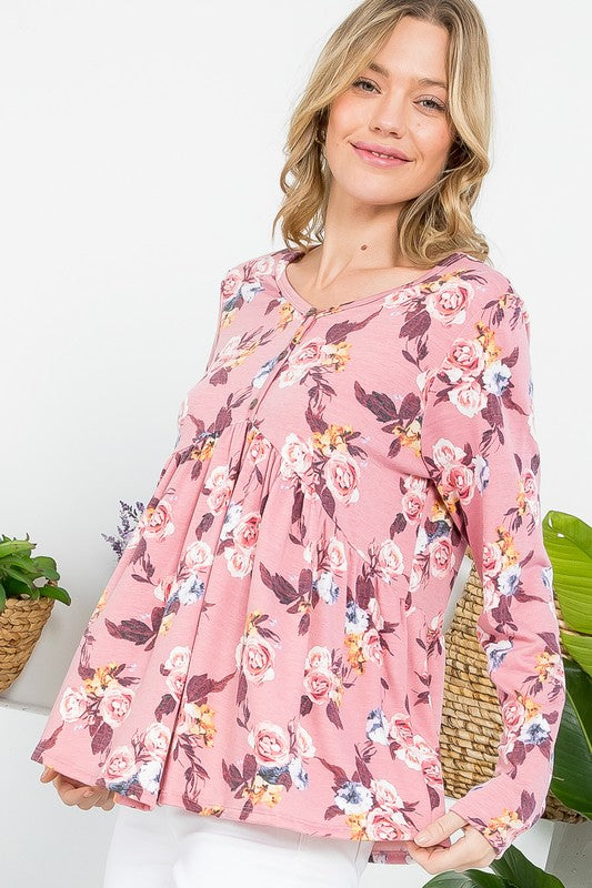 Floral Button V Neck Long Sleeve Babydoll Top