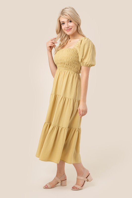 Puff Sleeve Smocked Tiered Midi Dress