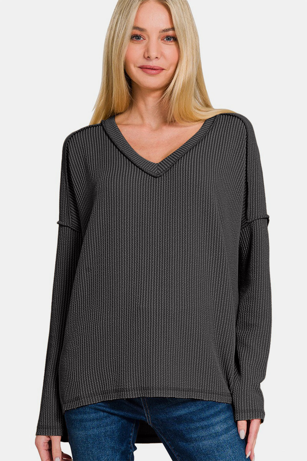 Corded Rib Long Sleeve Hi-Low V Neck Top