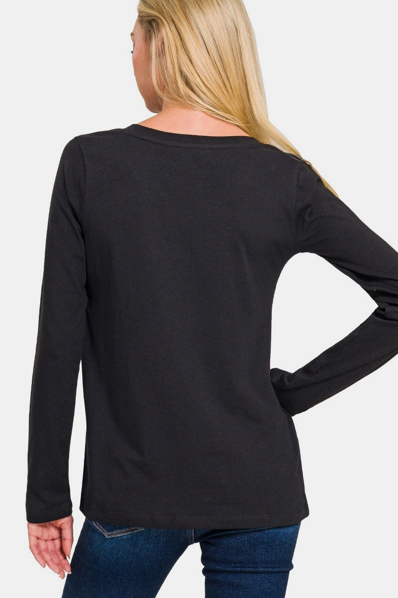 Cotton V-Neck Long Sleeve T-Shirt