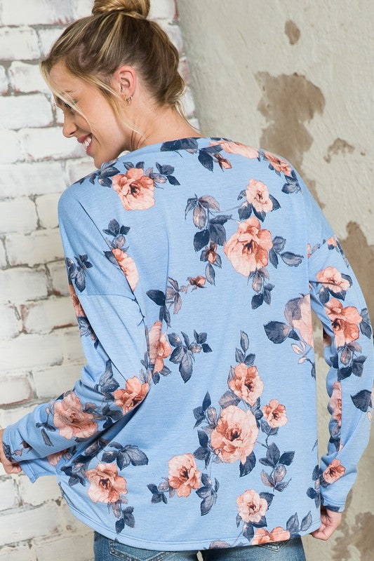 Blue Floral V-Neck Drop Shoulder Top