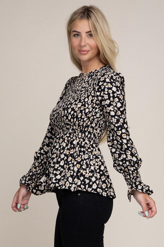 Allover Floral Smocked Peplum Blouse