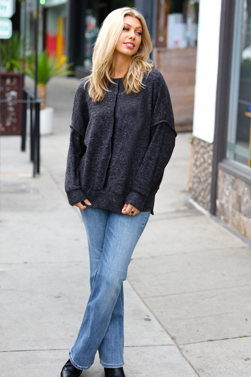 Charcoal Exposed Seam Melange Sweater