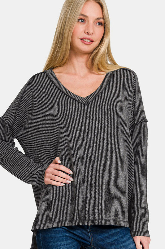 Corded Rib Long Sleeve Hi-Low V Neck Top