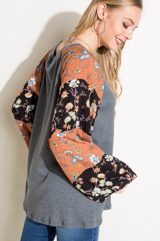 Waffle Knit Woven Floral Bubble Sleeve Top