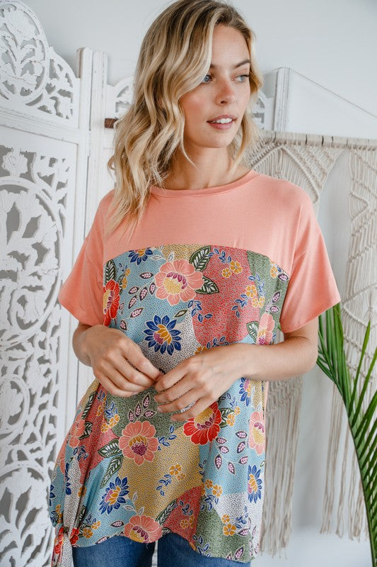 Solid Woven Floral Side Tie Top