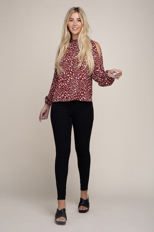 Burgundy Ditsy Floral Split Sleeve Blouse