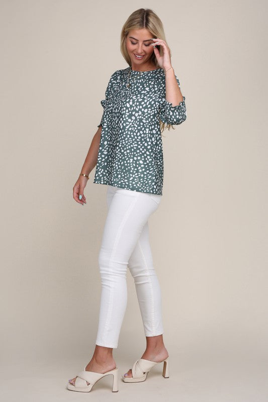 Green Abstract Dot Puff Sleeve Blouse