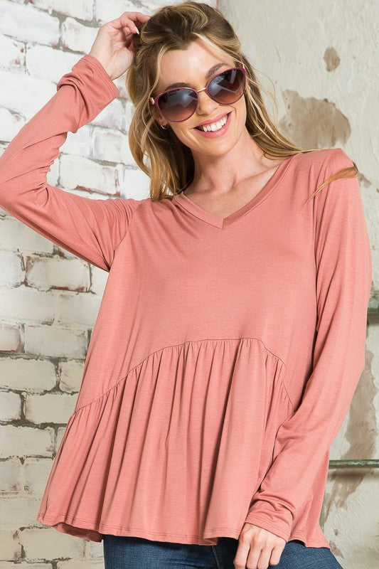 Long Sleeve V Neck Babydoll Top