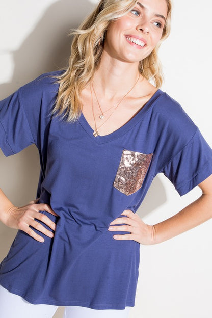 Solid Sequin Pocket Boxy Tee