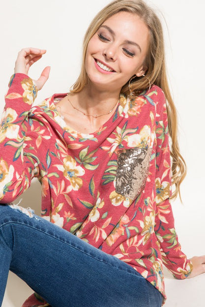 Plus Floral Sequin Pocket Long Sleeve Top