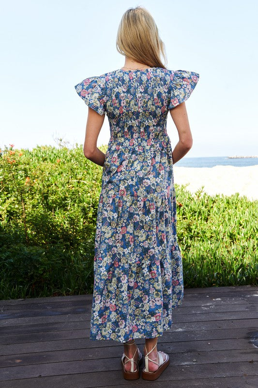 Vintage Garden Floral Flutter Sleeve Smocked Midi Dress