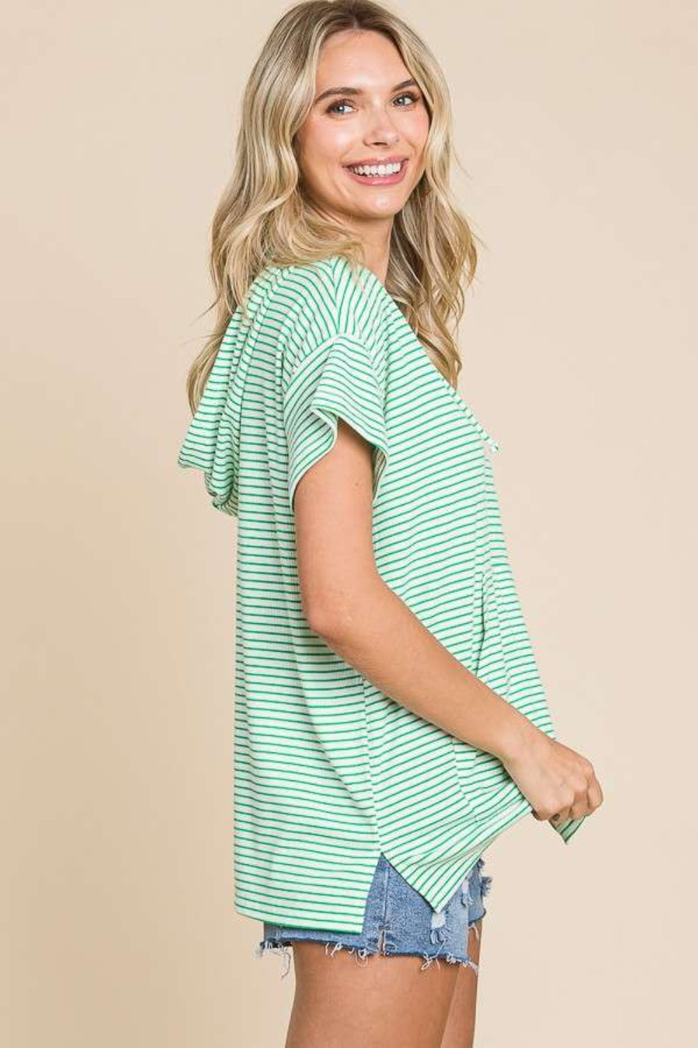 Candy Green Striped Short Sleeve Hooded Top