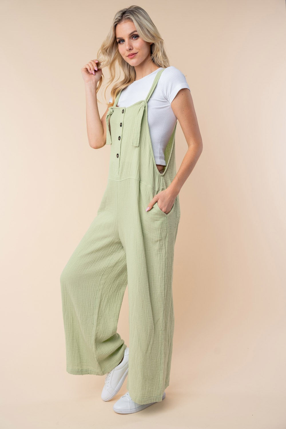 Texture Button Wide Leg Overall Jumpsuit