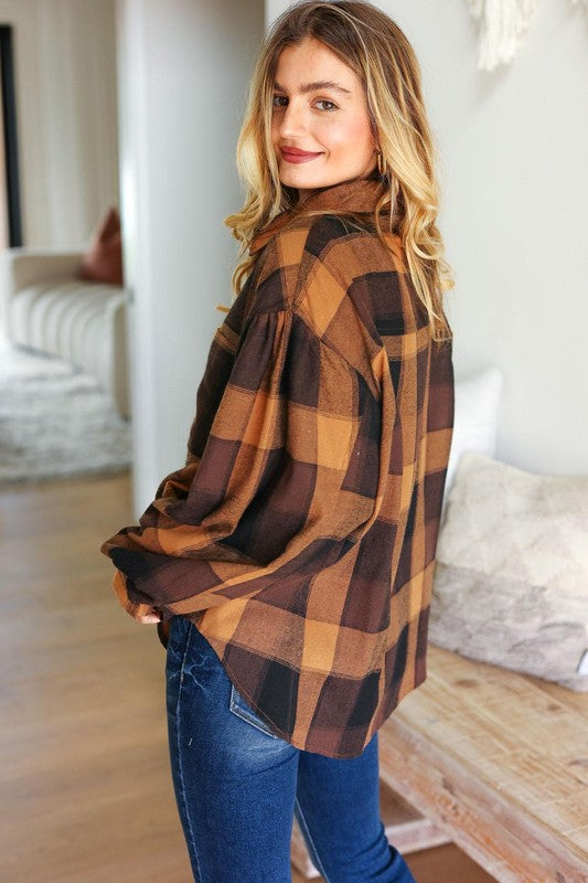 Camel & Charcoal Plaid Button Down Oversized Shacket