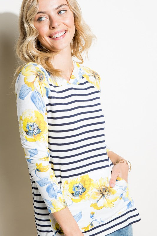 Plus Stripe Floral Kangaroo Pocket Hoodie Top