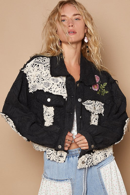 Black Floral Embroidered Crochet Trim Jacket