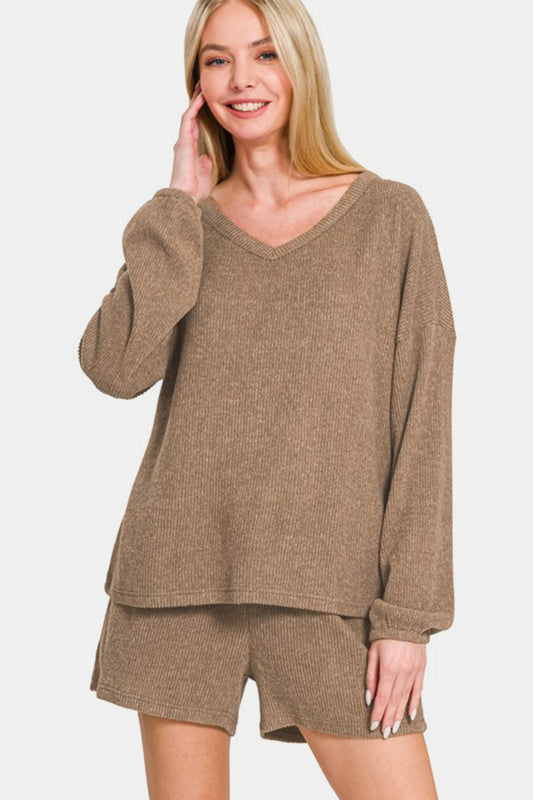 Brushed Ribbed Hacci V-Neck Long Sleeve Tee & Shorts Set