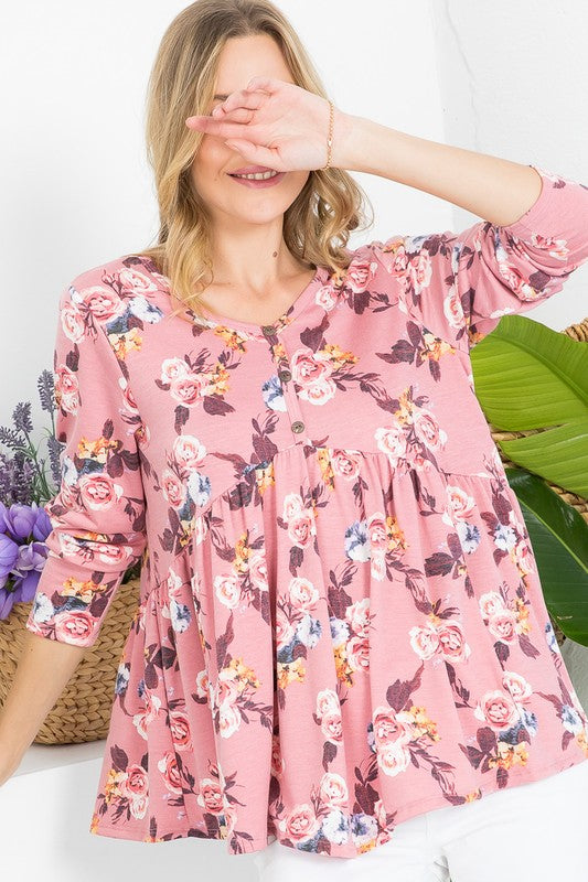 Plus Floral Button V Neck Long Sleeve Babydoll Top