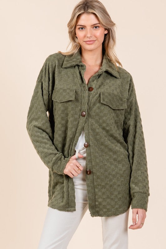 Moss Checkered Button Down Dropped Shoulder Shacket