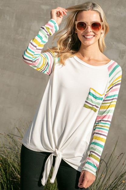 Striped Raglan Pocket Front Tie Top