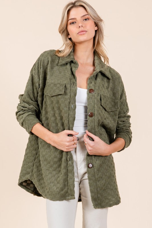 Moss Checkered Button Down Dropped Shoulder Shacket