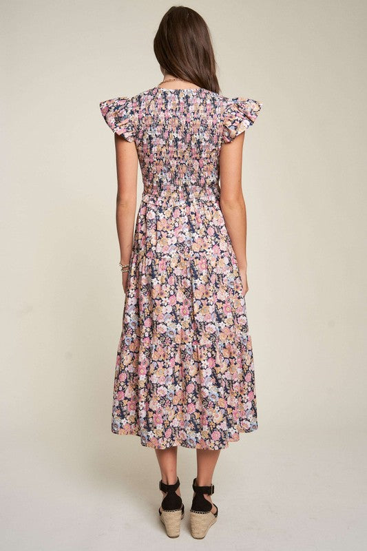 Vintage Garden Floral Flutter Sleeve Smocked Midi Dress