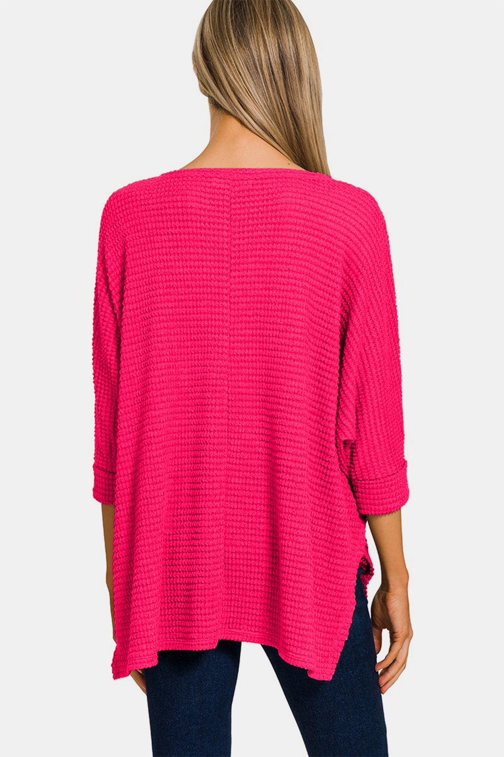 3/4 Sleeve V-Neck Hi-Low Hem Jacquard Sweater