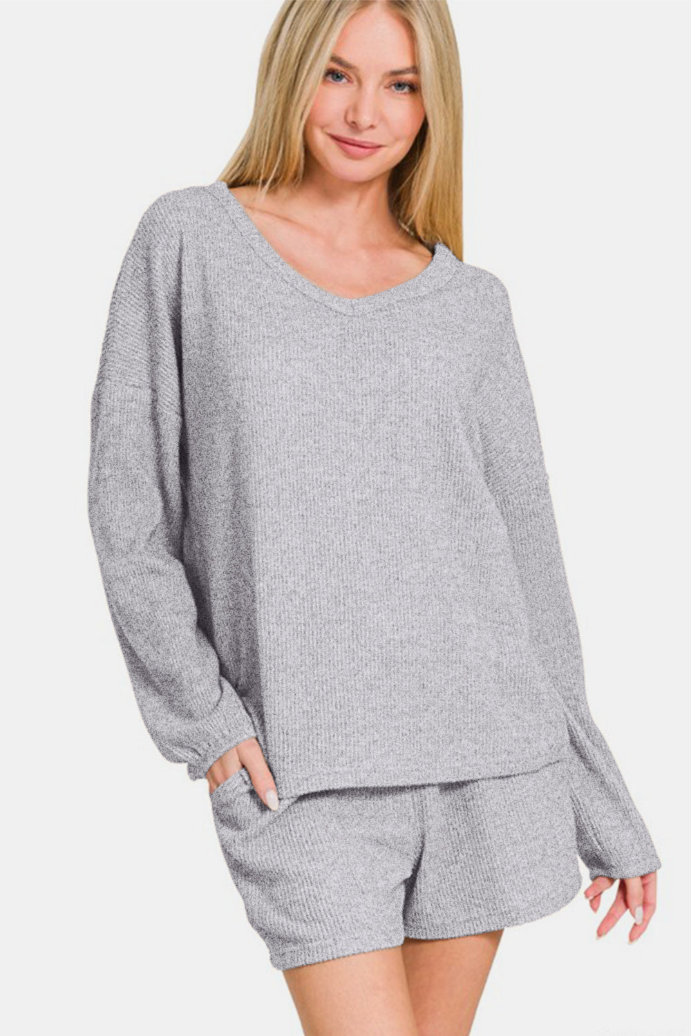 Brushed Ribbed Hacci V-Neck Long Sleeve Tee & Shorts Set