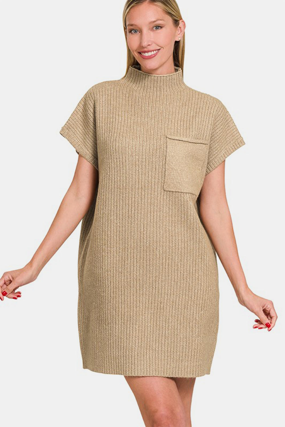 Mock Neck Short Sleeve Sweater Dress With Pocket