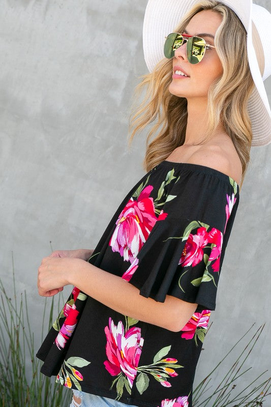 Plus Floral Off Shoulder Ruffle Sleeve Top