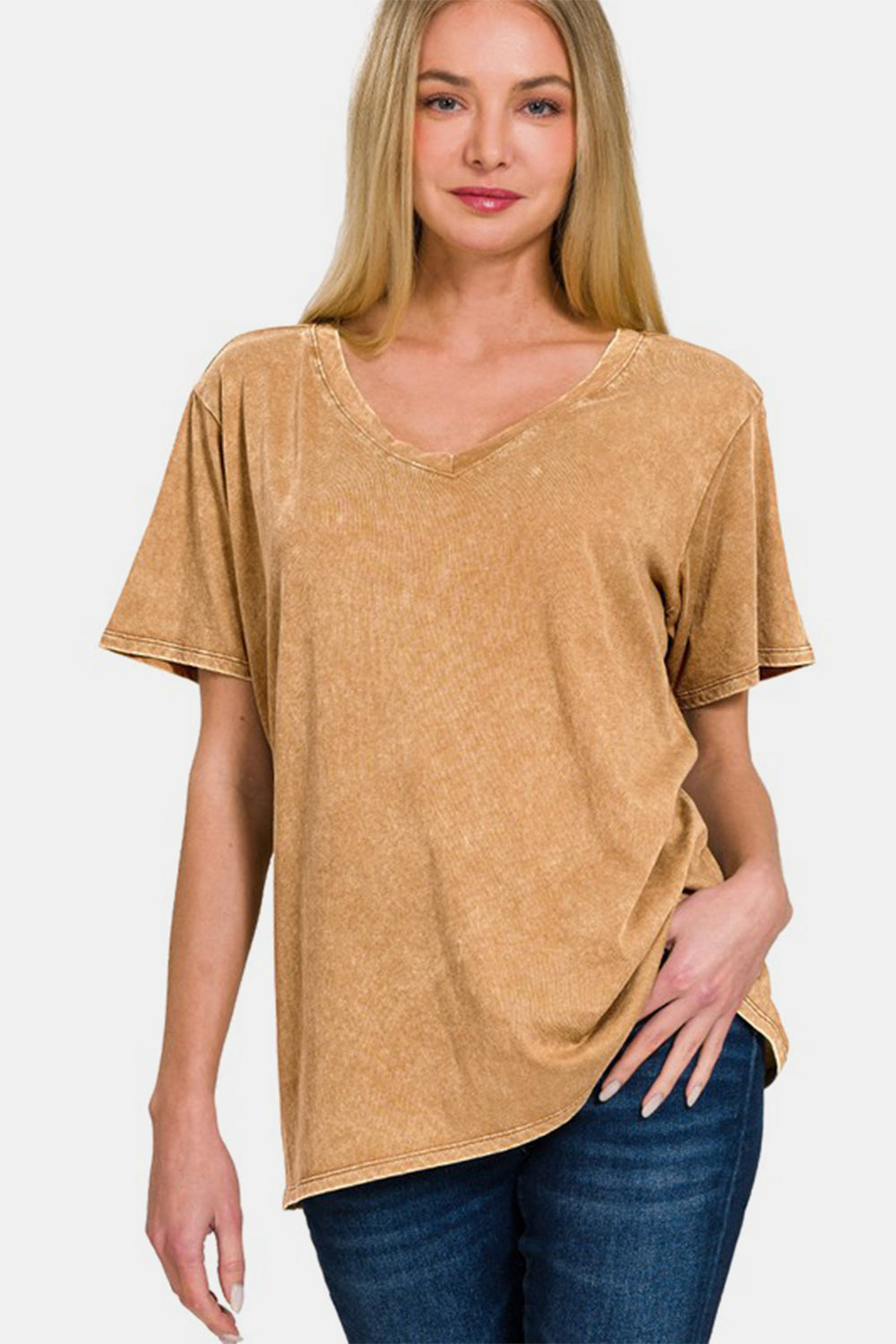 Washed Short Sleeve V-Neck Top