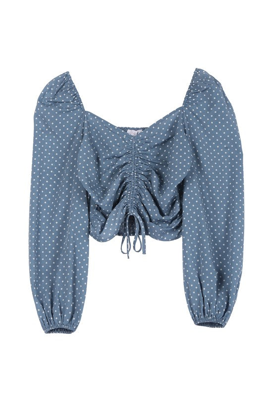 Denim Polka Dot Puff Sleeve Ruched Crop Top