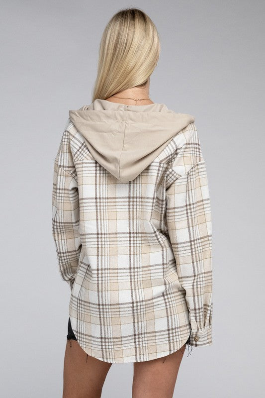 Plaid Hooded Button Up Shacket