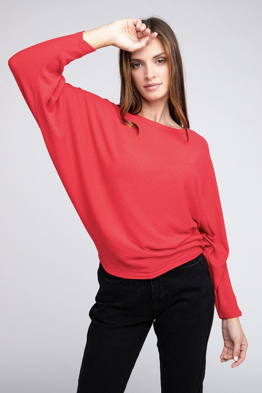 Ribbed Batwing Long Sleeve Boat Neck Sweater