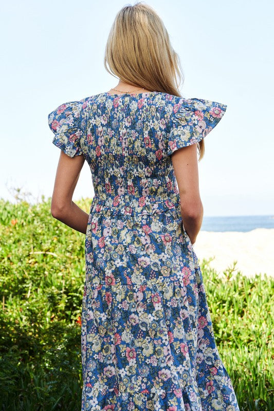 Vintage Garden Floral Flutter Sleeve Smocked Midi Dress