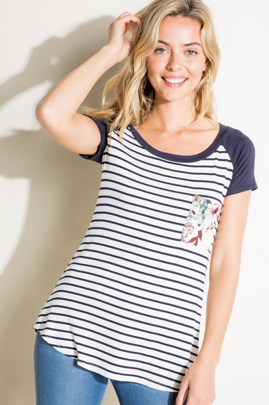 Stripe Floral Mix Pocket Tee